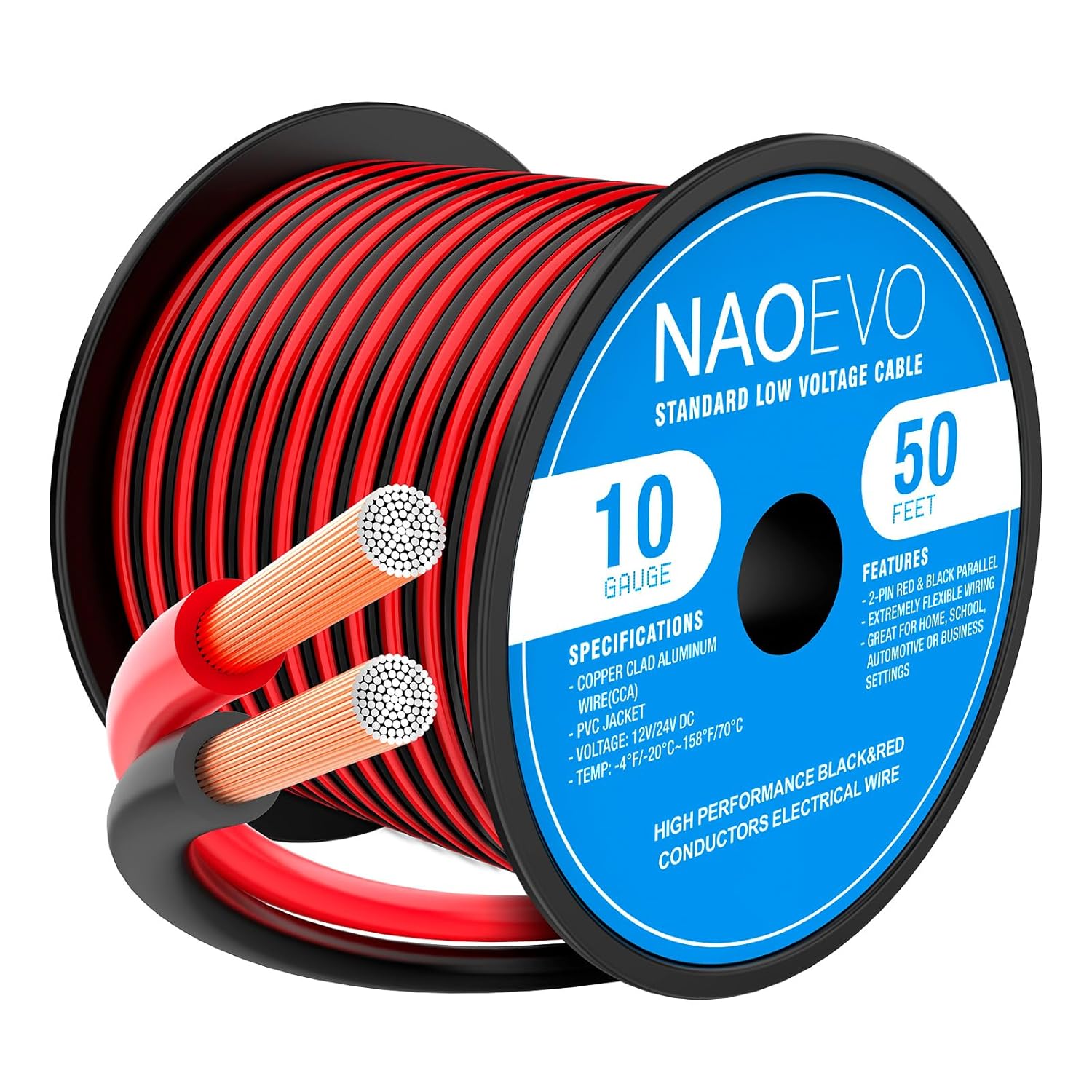 NAOEVO 10 Gauge Wire 50FT, 2 Conductors Electrical Wire Red Black Cable, Flexible/Low Voltage/PVC 10 AWG Copper Clad Aluminum Extension Cord for Speaker, LED Strips, Automotive 12V/24V DC-VerdiqueGarden