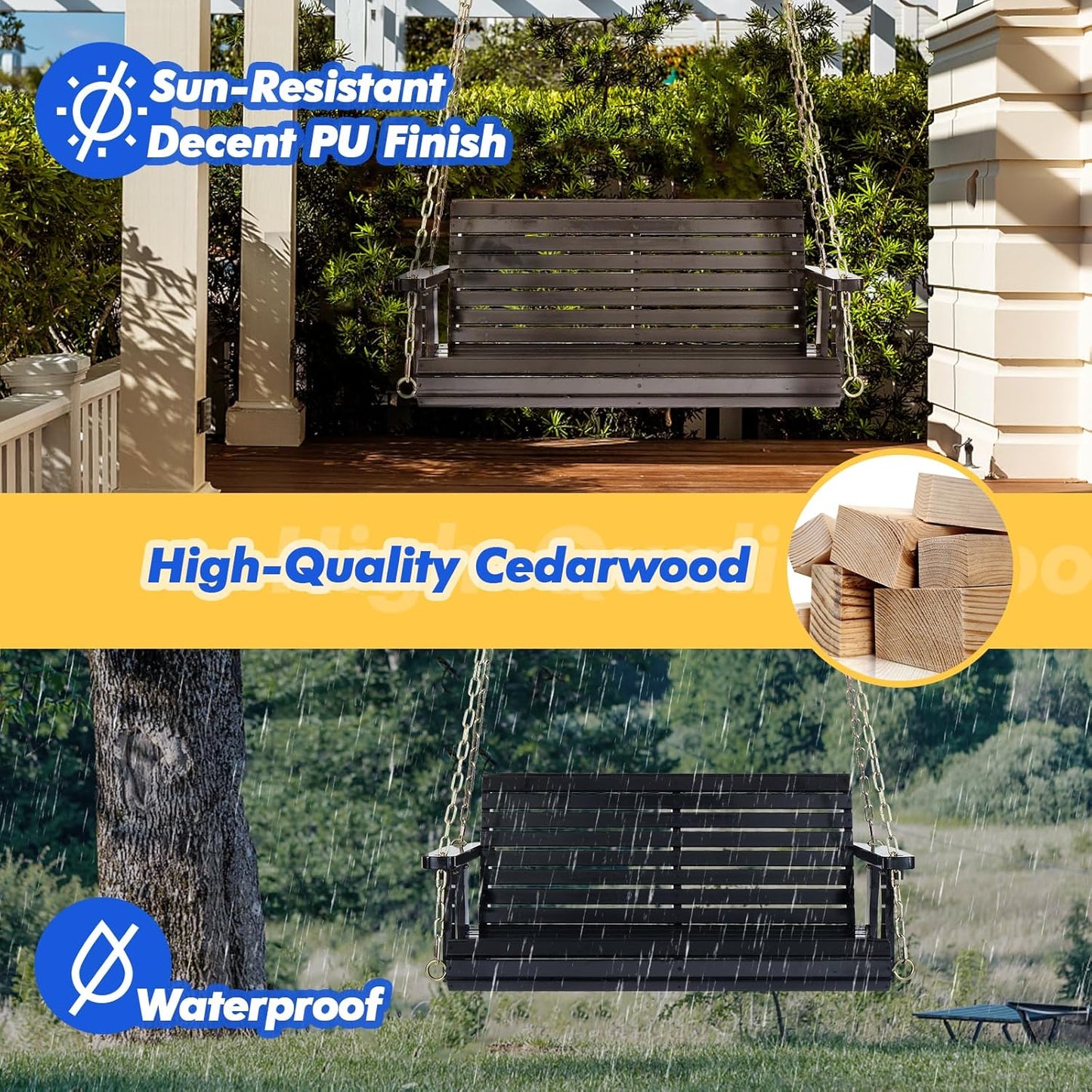 VINGLI Upgraded Patio Wooden Porch Swing for Courtyard & Garden, Heavy Duty 880 LBS Swing Chair Bench with Hanging Chains for Outdoors (Black, 4 FT)-VerdiqueGarden