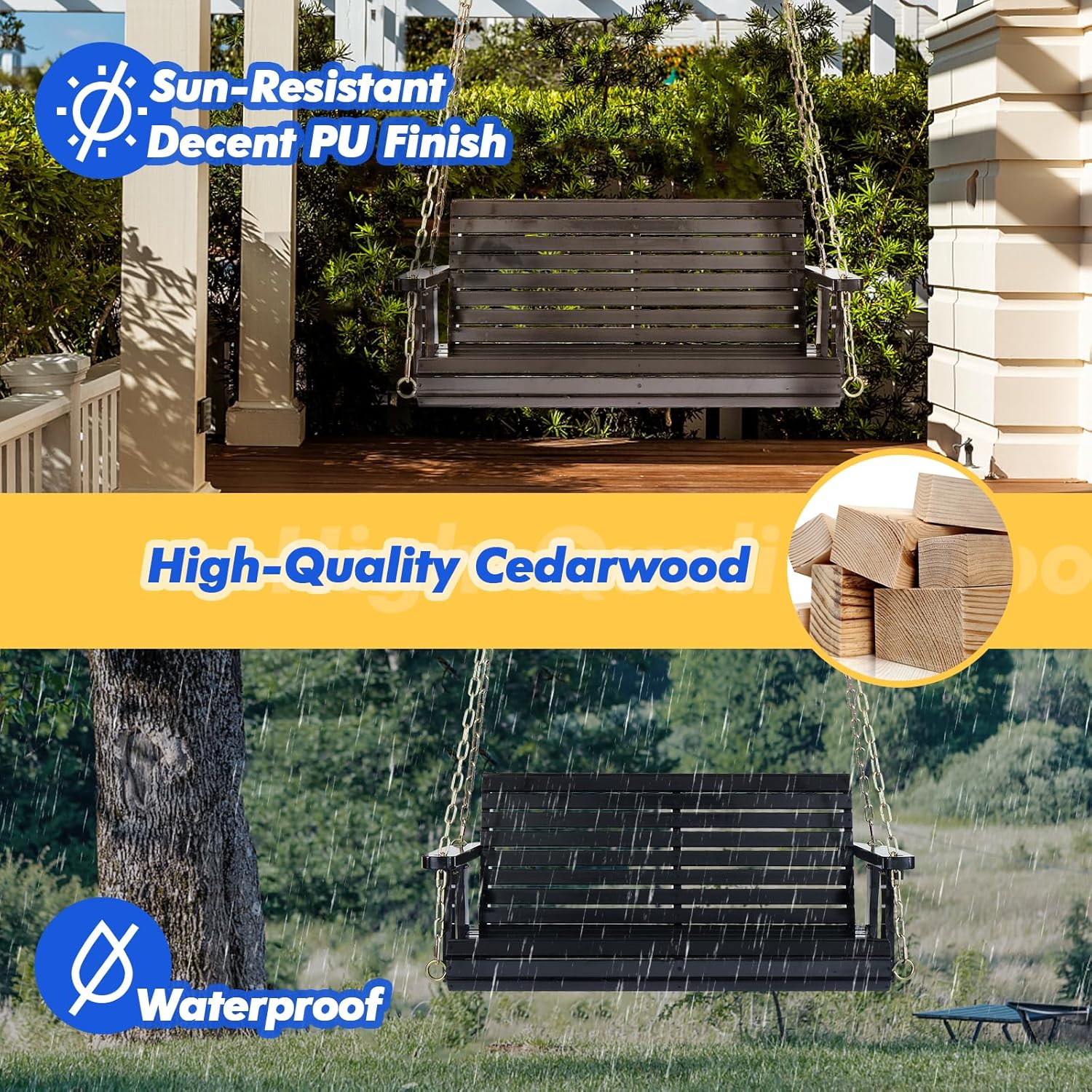 VINGLI Upgraded Patio Wooden Porch Swing for Courtyard & Garden, Heavy Duty 880 LBS Swing Chair Bench with Hanging Chains for Outdoors (Black, 4 FT)-VerdiqueGarden