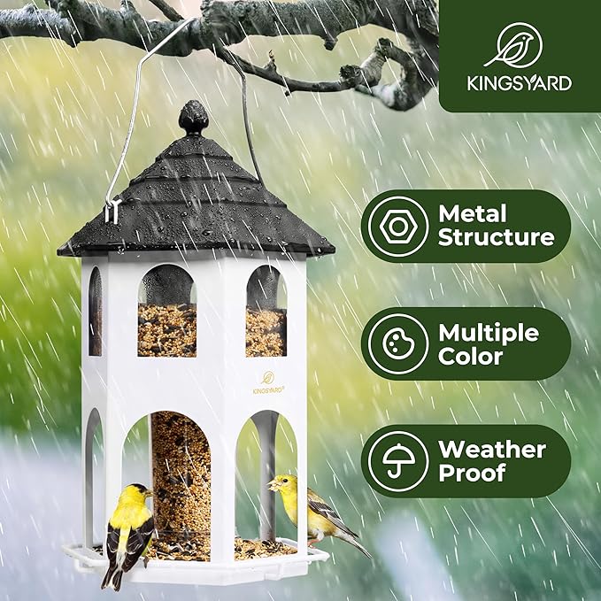 Kingsyard Metal Bird Feeder for Outdoor Hanging, Wild Bird Feeders with Circular Perch, Easy to Clean & Refill, 4 lbs Large Seed Capacity, White-VerdiqueGarden