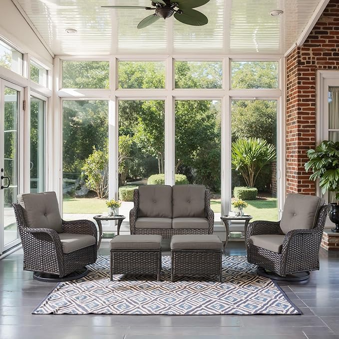 Outdoor Patio Furniture Set - 7 Piece Brown Wicker Conversation Patio Furniture Set All Weather Swivel Chairs with Ottoman and Loveseat Glider Chair for Deck Balcony Backyard-VerdiqueGarden