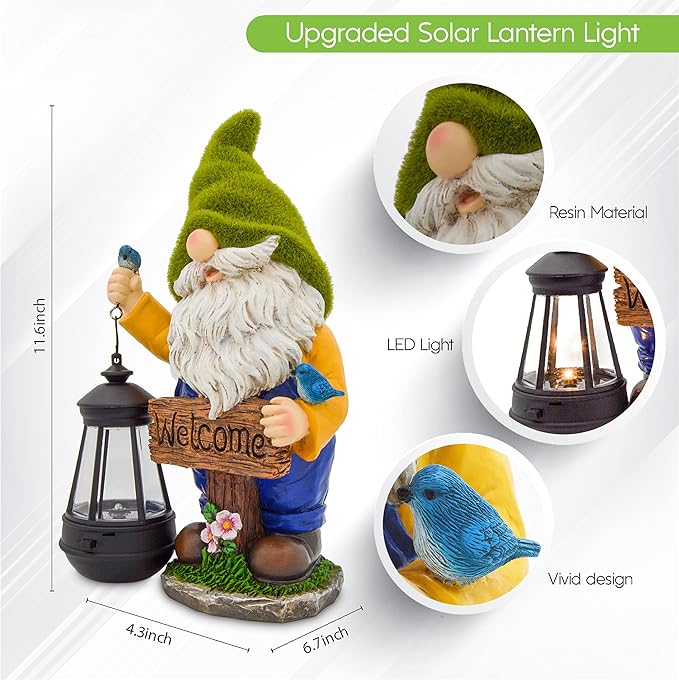 Garden Gnomes Outdoor - Flocked Gnome Statue Holding Lantern with Solar LED Lights | Gnomes Garden Decorations for Patio, Yard, Lawn Ornaments - Gnome Gifts-VerdiqueGarden