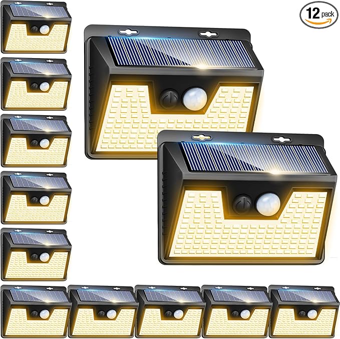 Peasur Solar Lights Outdoor Waterproof, 12Pack 140LED Motion Sensor Lights Solar Powered 3 Modes, Solar Security Fence Lights for Wall Garden Yard Outside(Warm White)-VerdiqueGarden