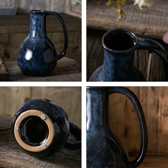 Blue Ceramic Vase with Big Handles, Modern Farmhouse Decor, Rustic Pottery for Flowers, Decorative Terracotta Centerpiece for Dining Table-VerdiqueGarden