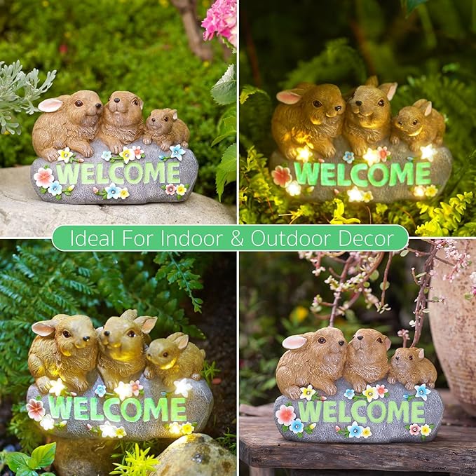 Solar Rabbits with Welcome Sign - Outdoor Bunny Decor with Solar LED Lights - Rabbit Garden Decor & Outdoor Light-Up Gifts for Women, Moms or Birthdays-VerdiqueGarden