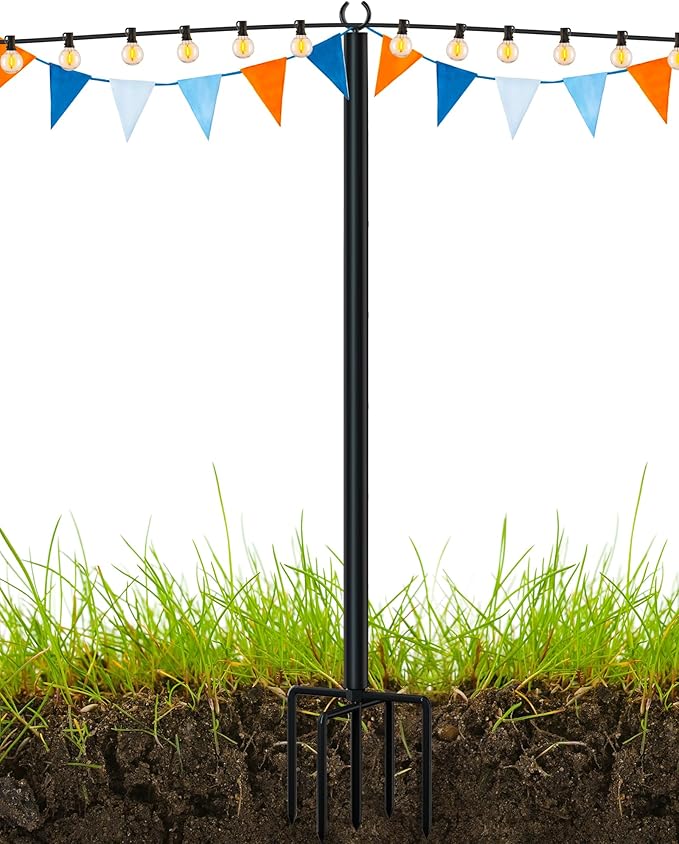 LAND·VOI Metal String Light Poles for Outside Hanging - Backyard, Garden, Patio, 1 Pack Lighting Stand with Adjustable Height for Outdoor Parties, Wedding, Extra-Long 5-Prong Claws, (9.6FT) FLP01B-VerdiqueGarden