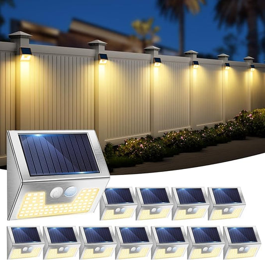 12 Pack Solar Lights Outdoor Motion Sensor, Waterproof Fence Lights 3 Lighting Mode, Warm White LED Outside Lights Wireless for Fence Wall Yard Steps Stairs Garden - Stainless Steel-VerdiqueGarden