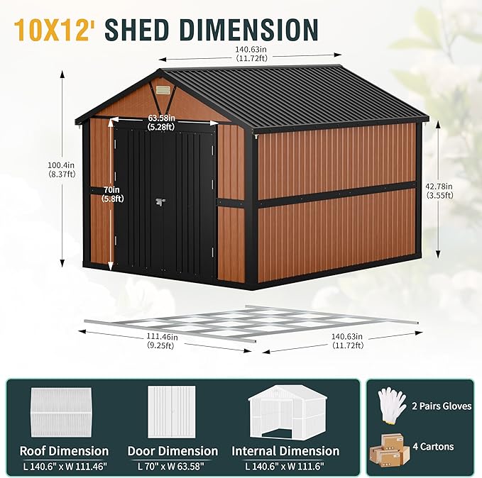 10x12 Ft Outdoor Storage Shed, Extra Large Metal Shed with Frame Floor, Lockable Doors, 2 Windows, Outside Steel Tiny House Ideal for Garden, Backyard, Patio Utility, Tool Storage-VerdiqueGarden