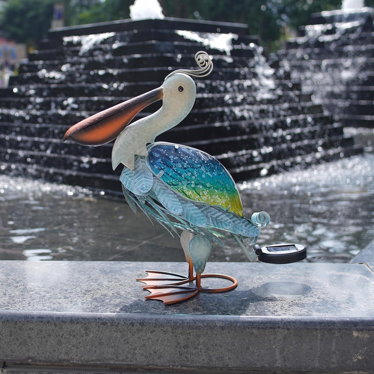 HONGLAND Solar Metal Pelican Statues Garden Sculpture & Statues, 17 Inch Glass Outdoor Pelican Yard Art Coastal Ocean Bird Decor Lawn Ornament for Backyard Porch Patio Decor（Blue-Green）-VerdiqueGarden