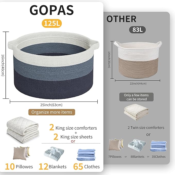 125L Extra Large Blanket Basket, 25" x 16", Jumbo Laundry Woven Baskets Decorative Home, Cotton Rope Basket with Handles, Baby Toy Baskets for Storage, Gradual Blue, 2PC-VerdiqueGarden