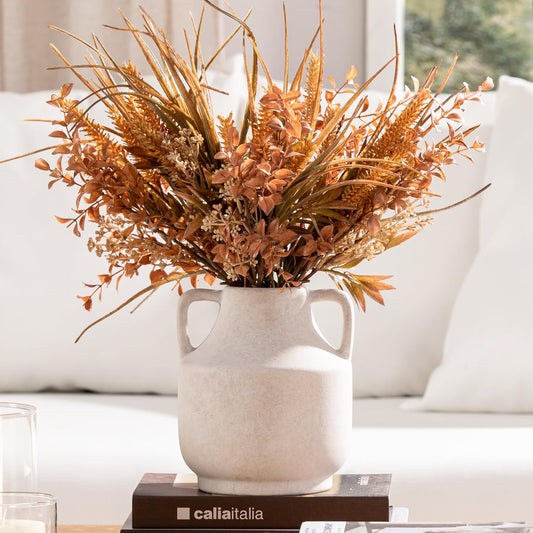 Mitt&Ditt Ceramic Flower Vase with Handles, 8 inch Tall Off-White Vase, Decorative Terracotta Vases, Farmhouse Rustic Pottery Vases for Home Decor, Living Room, Table-VerdiqueGarden