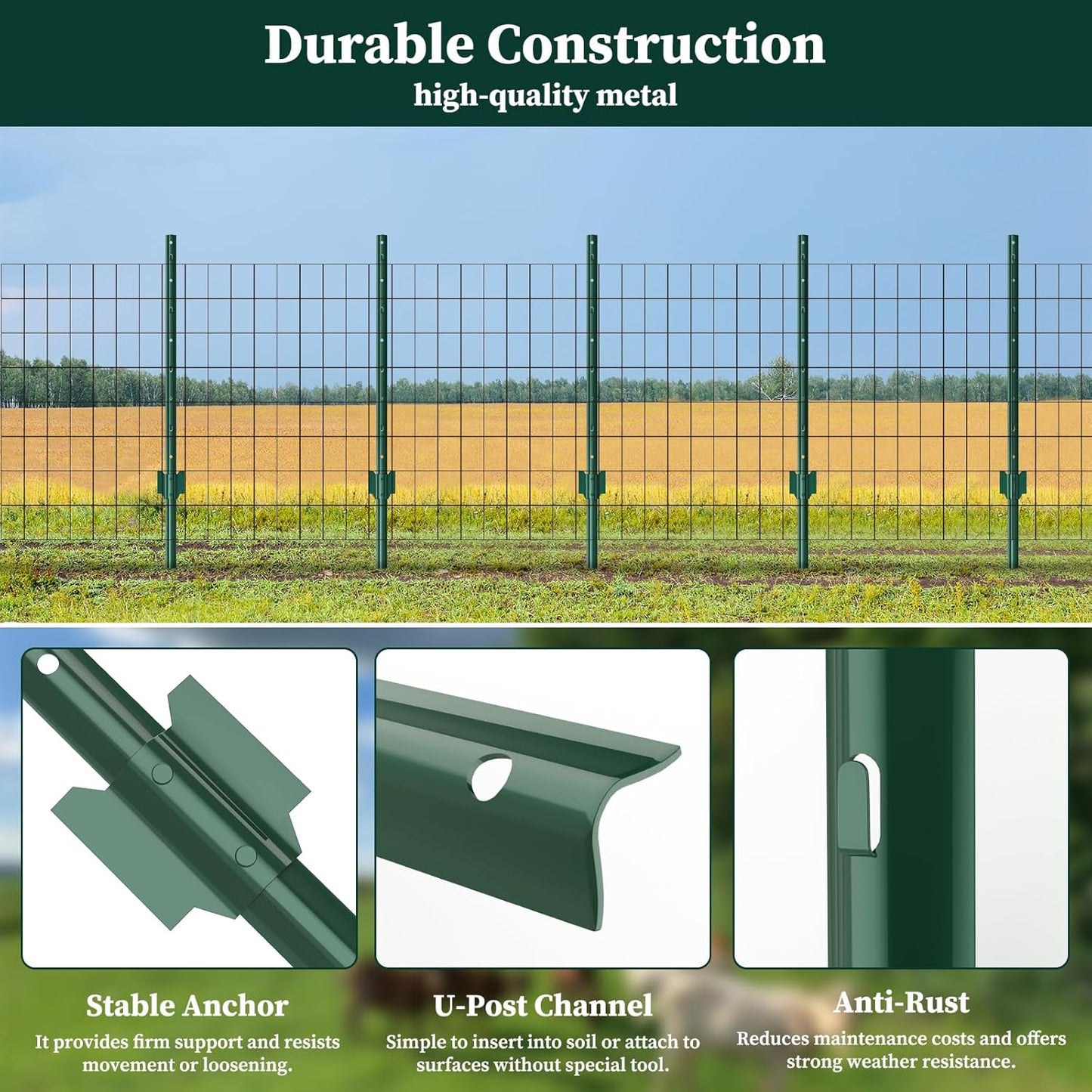 20 Pack Garden Fence Post, 4 Feet Heavy Duty Metal U-Post for Wire Fence, No Dig Garden Fence Stakes for Temporary Fencing, Electric Fence Wire, Corner Anchor, and More-Green-VerdiqueGarden