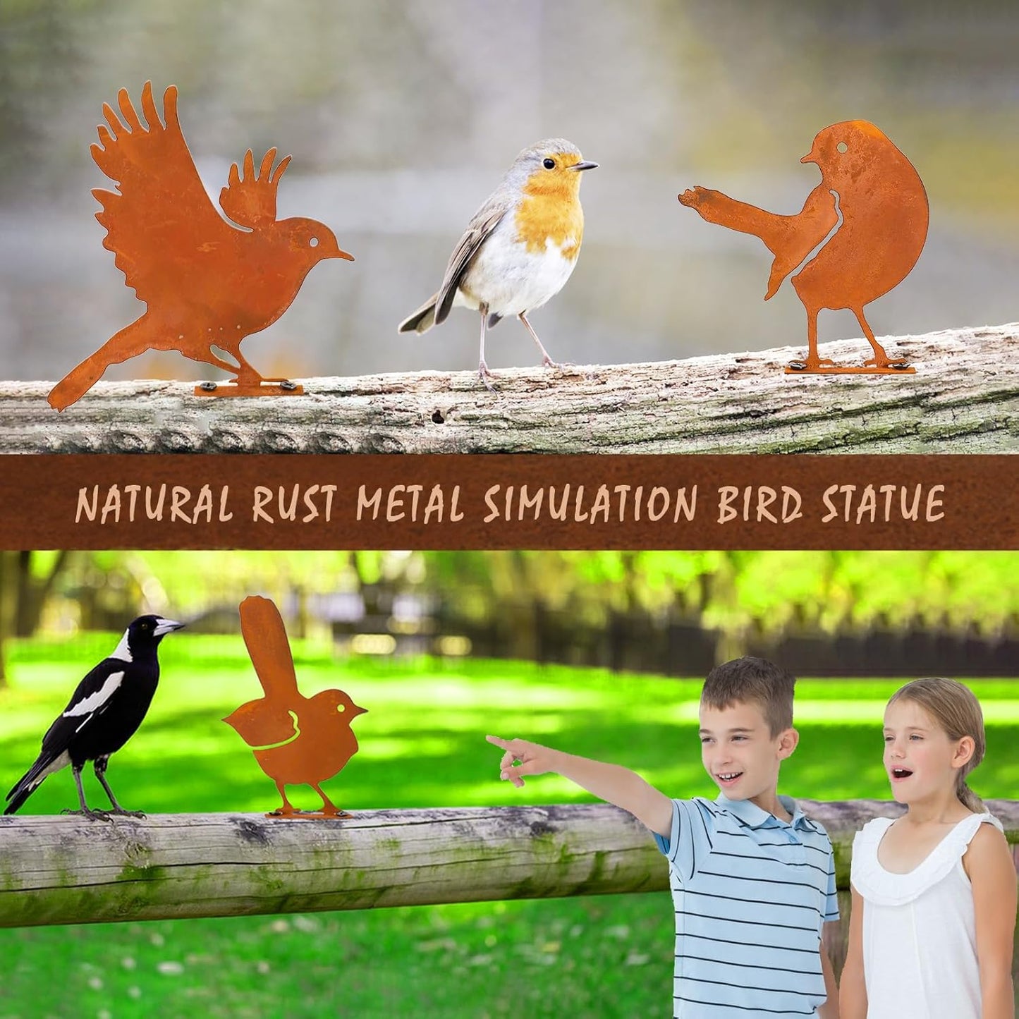 Nbippiooiwip Five-Piece Rustic Outdoor Bird Garden Sculpture Set, Metal Wall Art Bird Ornaments Ideal for Garden Stakes, Fields, Parks, Hotels, and Bird Enthusiasts Rustic Style-VerdiqueGarden