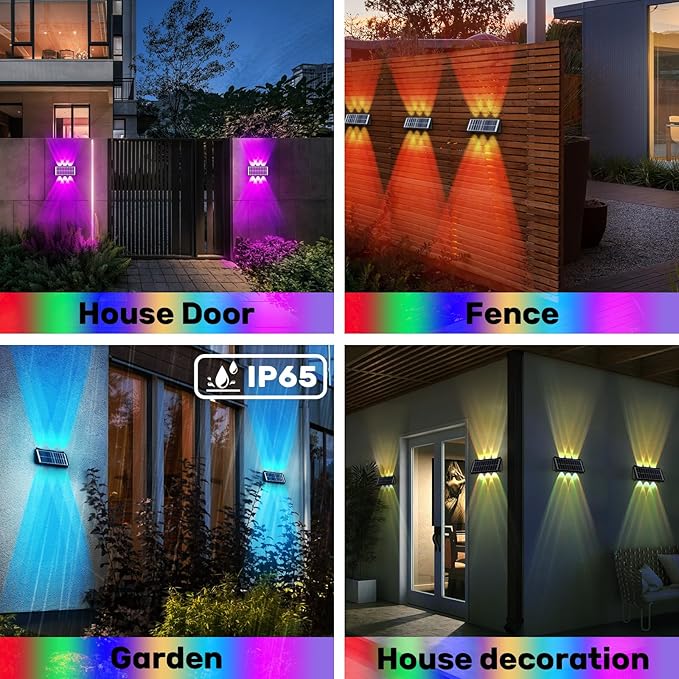 6LEDs Multi-Color Solar Wall Lights, Up and Down Lighting Solar Outdoor Light Waterproof IP65, Solar Fence Light for Yard Deck Garden Garage Walkway Porch Christmas Decorations (4 Pack)-VerdiqueGarden