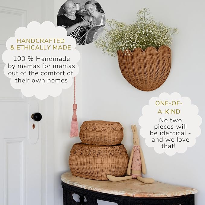 BEBE BASK Scalloped Wicker Hanging Basket - The Original Wicker Wall Decor - Hand Woven Wall Basket - Home Décor Wall Hanging Basket - Wall Storage Basket for Nursery, Living Room and Bathroom (Mocca)-VerdiqueGarden