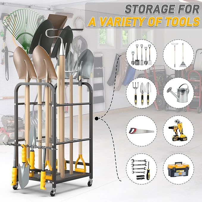 Ultrawall Garden Tool Organizer Stand, Yard Tool Storage Rack with Lockable Wheels, Garage Tool Storage for Rake, Brooms, Indoor & Outdoor Use-VerdiqueGarden