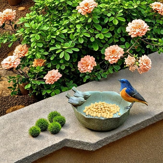 Bird Bath for Outside on Ground, 10 in Ceramic Birds Bath Bowl, Handmade Ground Bird Feeders and birdbath for Outdoors for Outdoors, Garden, Tabletop, Balcony and Lawn (Big - shallow)-VerdiqueGarden