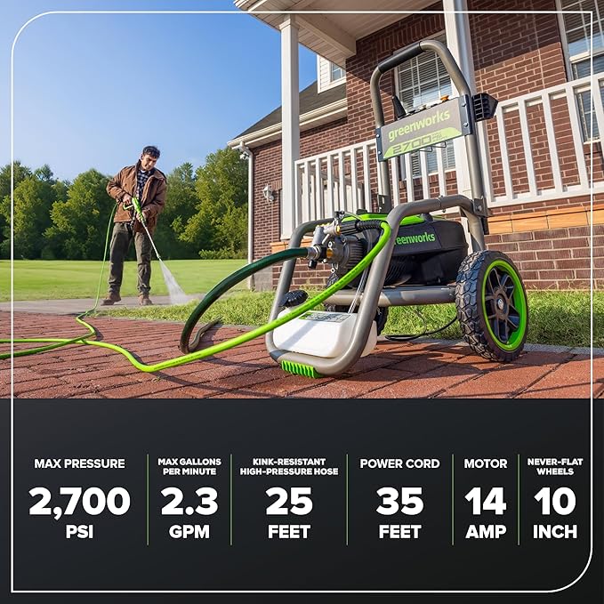 Greenworks Pro Brushless 2700 PSI (CSA Certified) 2.3 GPM Max / 1.2 GPM Electric Pressure Washer (Foldable Handles, Rugged Steel Frame, 25 FT Hose, 35 FT GFCI Power Cord)-VerdiqueGarden