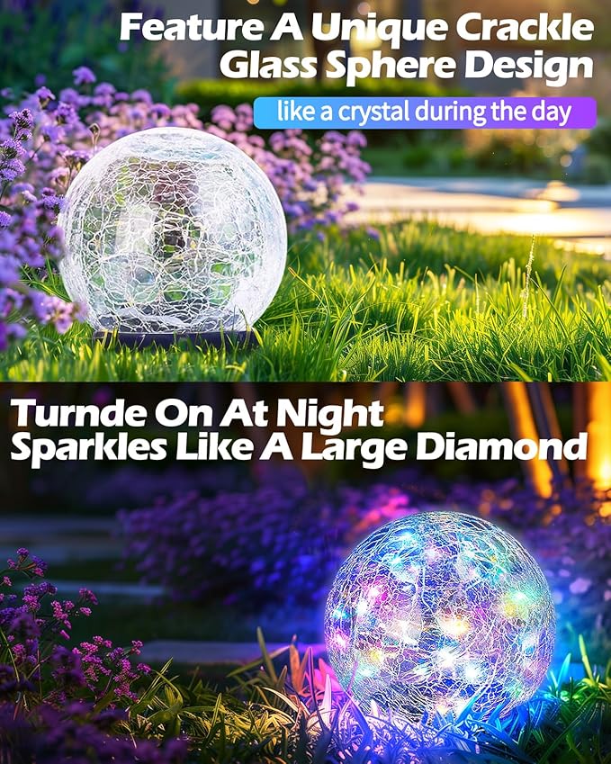Garden Solar Ball Lights Outdoor Waterproof, 30 LED Cracked Glass Globe Solar Power Ground Lights for Path Yard Patio Lawn, Christmas Decoration Landscape Colorful (2 Pack 3.9'')-VerdiqueGarden