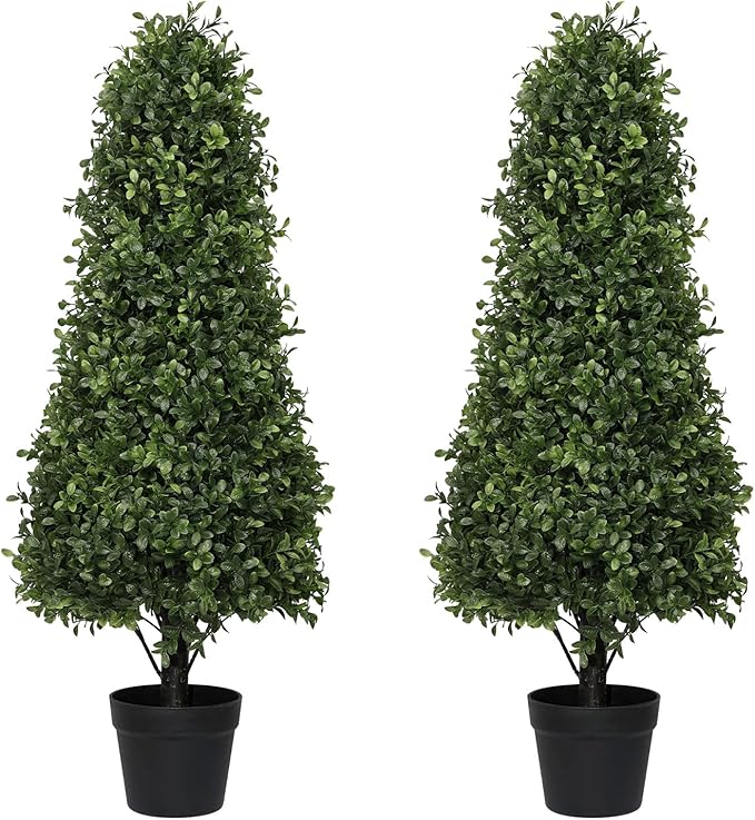 3ft Artificial Boxwood Topiary Trees (Set of 2) - UV Resistant Faux Plants Outdoor, Realistic 36" Fake Cone Bushes and Shrubs for Front Porch, Planter, Patio - Low Maintenance & Evergreen-VerdiqueGarden