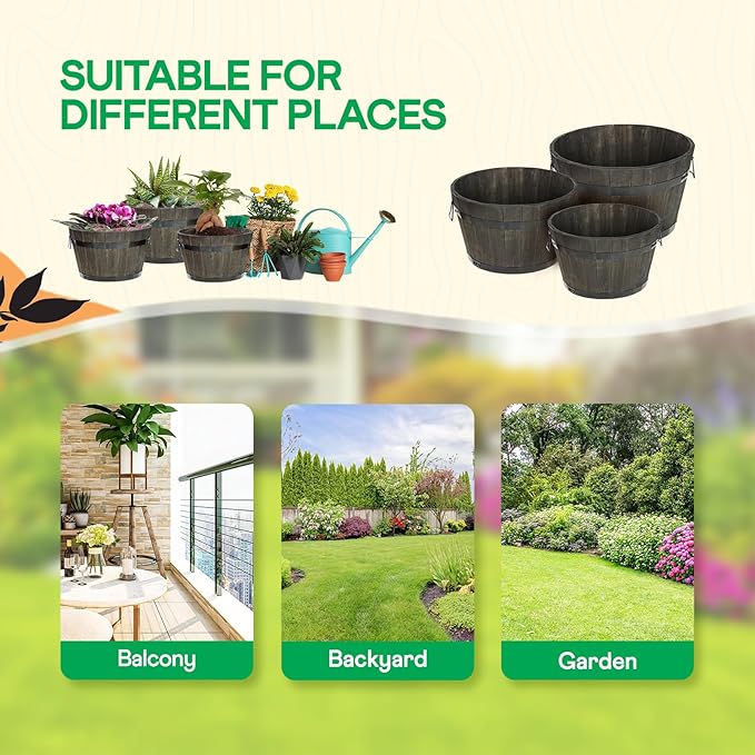 IDZO Set of 3 Wooden Flower Planters for Outdoor Plants, Acacia Wood Barrel Planters, Ergonomic Handles, Drainage Holes, Various Sizes, Black-VerdiqueGarden