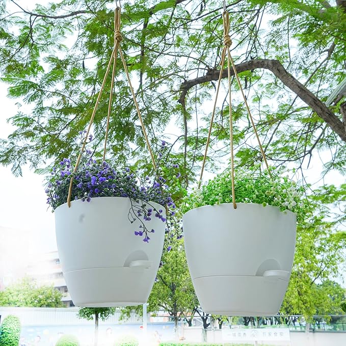 10 Inch Self Watering Hanging Pots, 2 Pack Hanging Planters with 40oZ Deep Reservior for Indoor Outdoor Plants Flowers, White-VerdiqueGarden