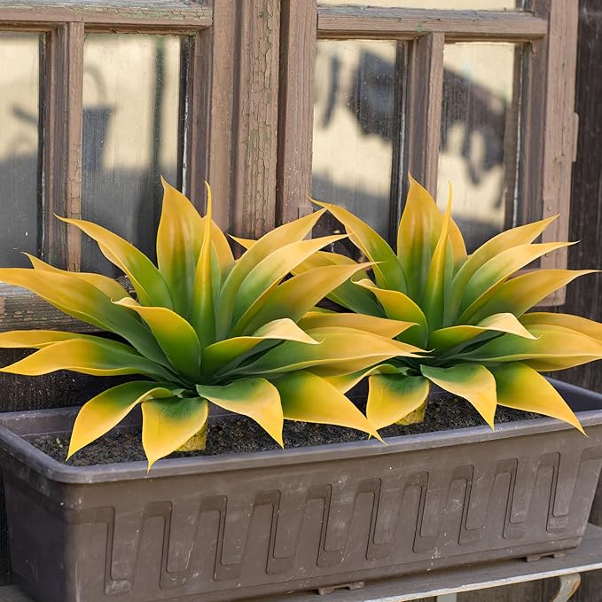 Artificial Agave Plants,Large UV Resistant Fake Agave Planters for Indoor and Outdoor Decorating Tropical Plant Succulents Greenery Indoor Decor (2Pack,18" Yellow)-VerdiqueGarden