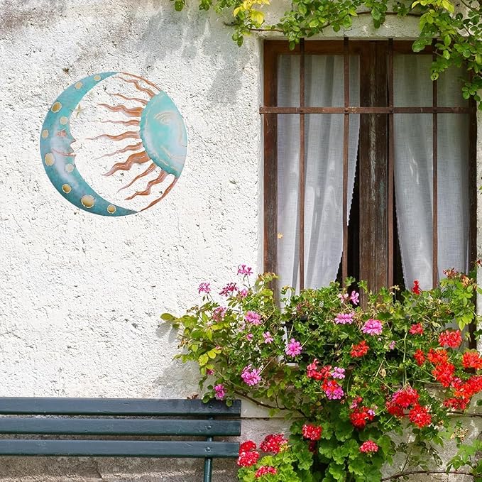 Jannity Metal Sun Wall Decor,11.02 Inches Large Metal Wall Art with Sun Moon Stars Retro Moon Sun Wall Decoration Hanging for Indoor Outdoor Patio Yard Home Garden-VerdiqueGarden