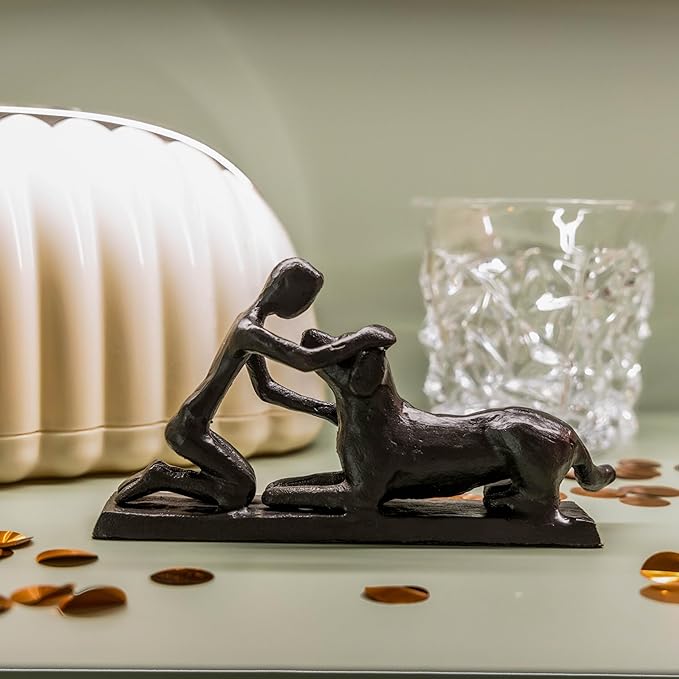 Boy and Dog Statue, Love of Dog Sculpture, Gifts for Dog Lovers, Dog Memorial Gifts for Man and Boy, Cast Iron, Black-VerdiqueGarden