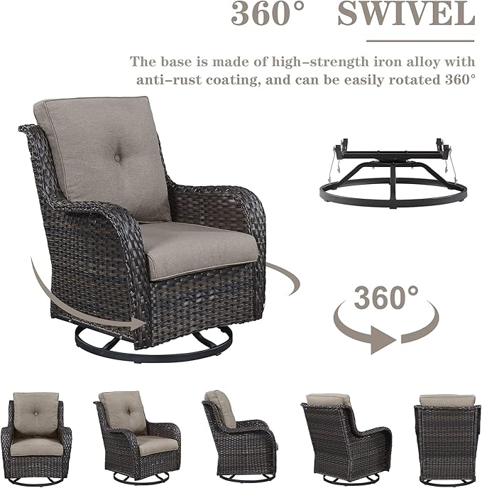 Outdoor Wicker Furniture Patio Set - 7 Piece Backyard Furniture Brown Rattan Conversation Sets with Swivel Rocker Chairs, Rattan Sofa, Club Chairs and Coffee Table, Grey Cushion-VerdiqueGarden