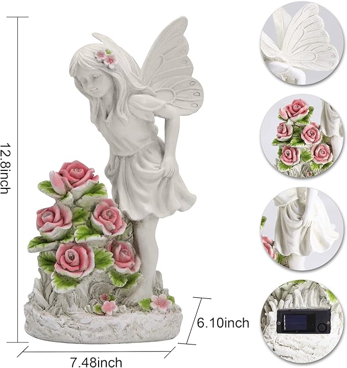 Garden Figurines Angel Garden Statue Outdoor Decor, Solar Powered Resin Sculpture with 5 LEDs Art Decoration for Patio Lawn Yard Porch, Ornament Housewarming Garden Gift, 12.8 x 7.5 x 6.1 Inch-VerdiqueGarden