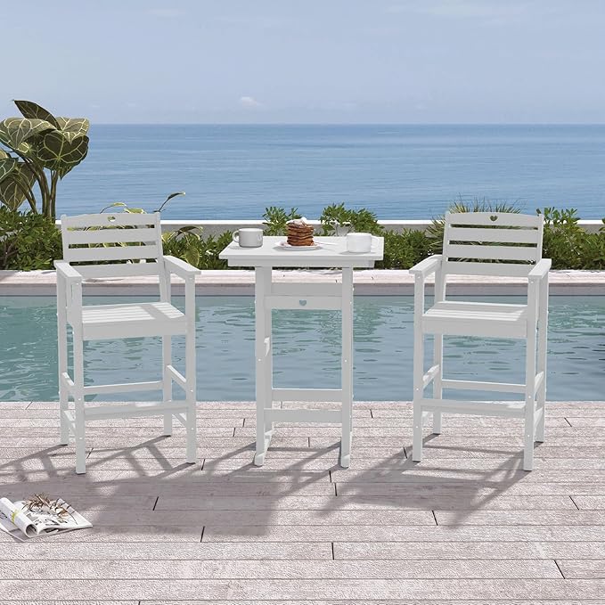 3-Piece HDPE Outdoor Bar, Outdoor Bar Stools and Outdoor Bar Table with Heart Cutout Design, All Weather Bistro Set Outdoor for Patio, Porch, Pool (White)-VerdiqueGarden