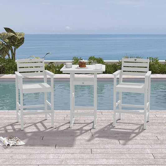 3-Piece HDPE Outdoor Bar, Outdoor Bar Stools and Outdoor Bar Table with Heart Cutout Design, All Weather Bistro Set Outdoor for Patio, Porch, Pool (White)-VerdiqueGarden