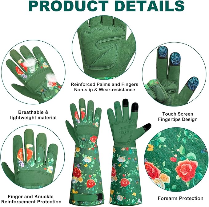 DLY Gardening Gloves,Leather Rose Gloves,Women's Long Gardening Glove for Work and Yard Work,Durable and Comfortable(Medium, Green-VerdiqueGarden