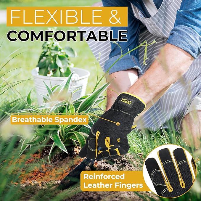 HANDLANDY Leather Work Gloves for Men & Women, Reinforced Durable Garden Gloves, Cowhide Working Glove for Gardening-VerdiqueGarden