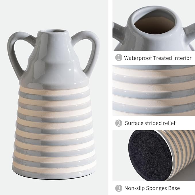 Ceramic Grey and White Checkered Stripes Vase with Handles, Hand-Painted Modern Bohemian Floral Vases Home Decor, Cottage Core Decor, Flower Vases for Bouquet Tabletop Bedroom Office Bookshelf 8.9 in-VerdiqueGarden