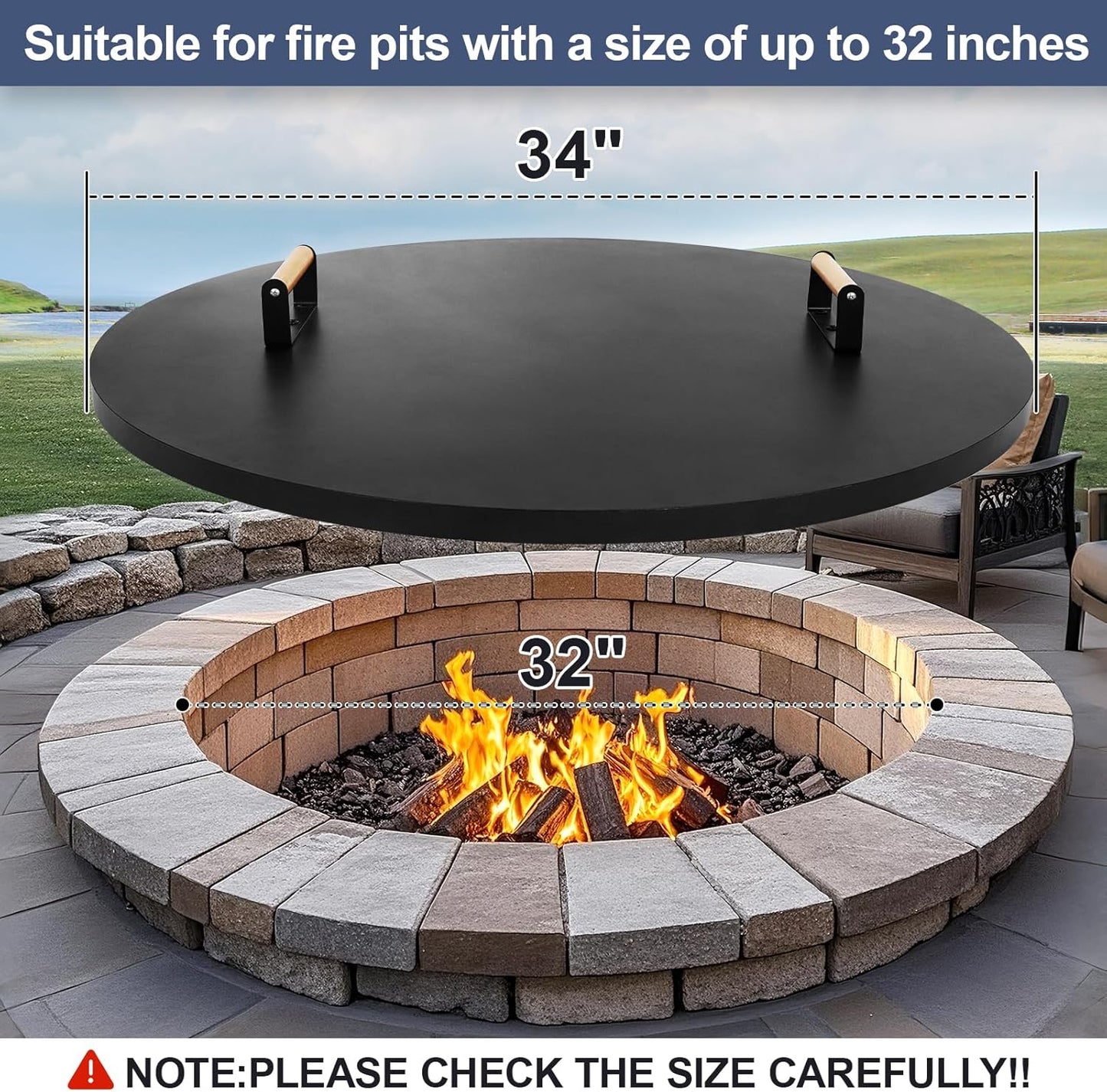 1MORE Fire Pit Lid Round 34" - Metal Firepits Cover with Wooden Handles for Patio Firepits,Rust Resistant 1.5mm Fire Pits Metal Lid, Firepits Accessory, Fire Pits Cover Round, All-season Protective-VerdiqueGarden