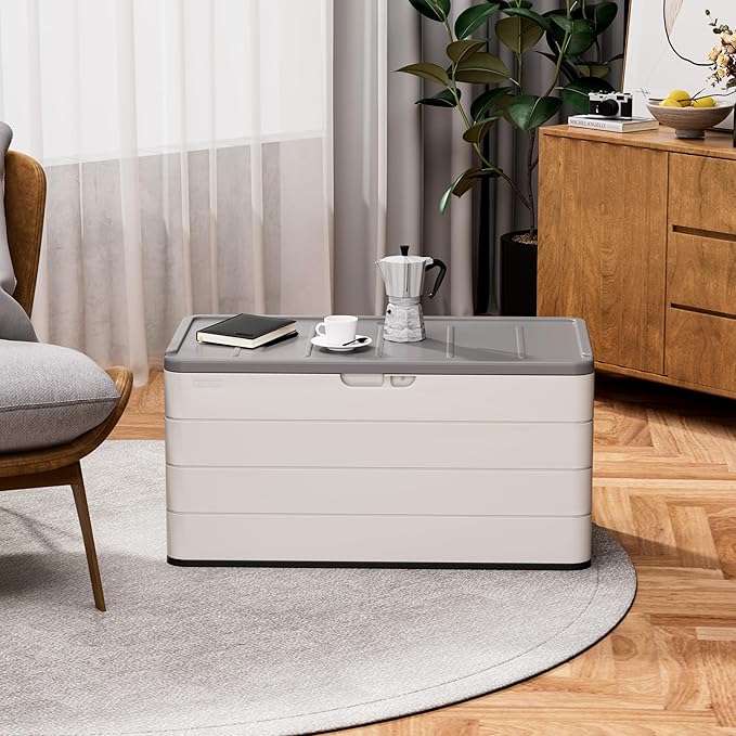 Heavy-Duty 100 Gallon Outdoor Storage Box - Waterproof Deck Box & Large Storage Bin for Patio/Pool, All-Weather Resin Chest with Lock, UV-Resistant, Alpine White-VerdiqueGarden