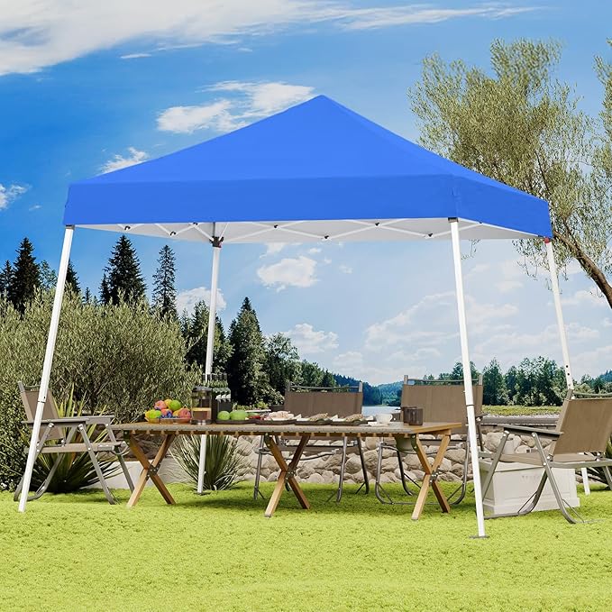 10x10 Pop Up Canopy, 300D Silver Coated Blue Fabric Outdoor Gazebo, Beach Tent Slant Legs with Storage Bag,Easy Up Sun Shade Shelter Tents with 8x8 Top Cover for Patio,Party-VerdiqueGarden