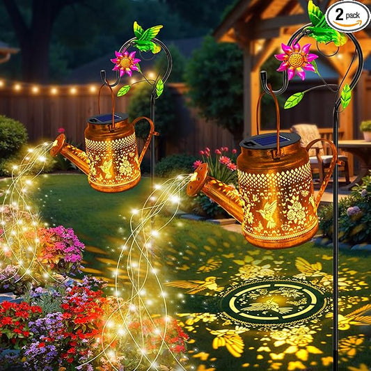 2 Pack Solar Lanterns Outdoor Waterproof,Hummingbird Watering Can Garden Decor,Hanging Solar Path Lights Yard Art,Outside Patio Decorations Gardening Birthday Gifts for Mom Grandma Women (Warm White)-VerdiqueGarden