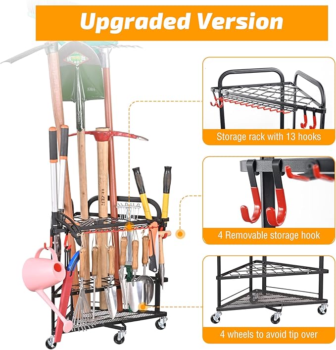 PLKOW Garden Tool Organizer with Wheels and Storage Hooks, Rolling Corner Tool Storage Rack for Garden, Shed, Garage, Powder Coated Steel, Black-VerdiqueGarden