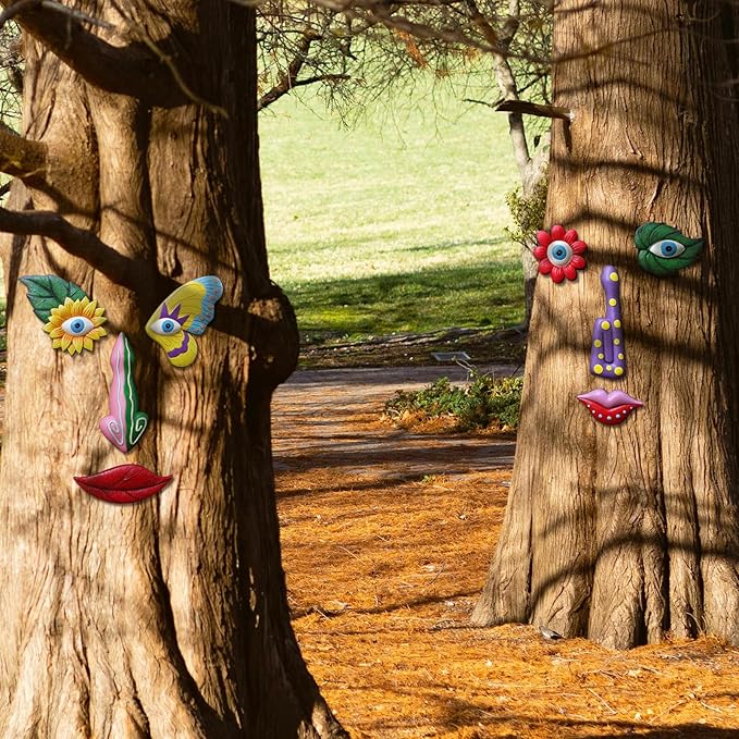 Tree Faces Decor Outdoor,Funny Tree Faces Sculpture,Colorful Fence Decorations Outdoor,Suitable for Yard and Garden Art Decor(Colorful Leaves&Colorful Butterfly)-VerdiqueGarden