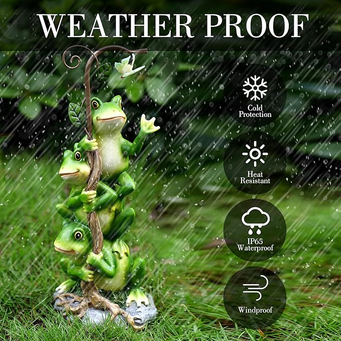 Frog Figurine Garden Decor, Solar Resin Frogs Outdoor Statue, Funny Frog Gift Sculpture Decoration for Home Patio Yard Lawn Porch Ornament-VerdiqueGarden