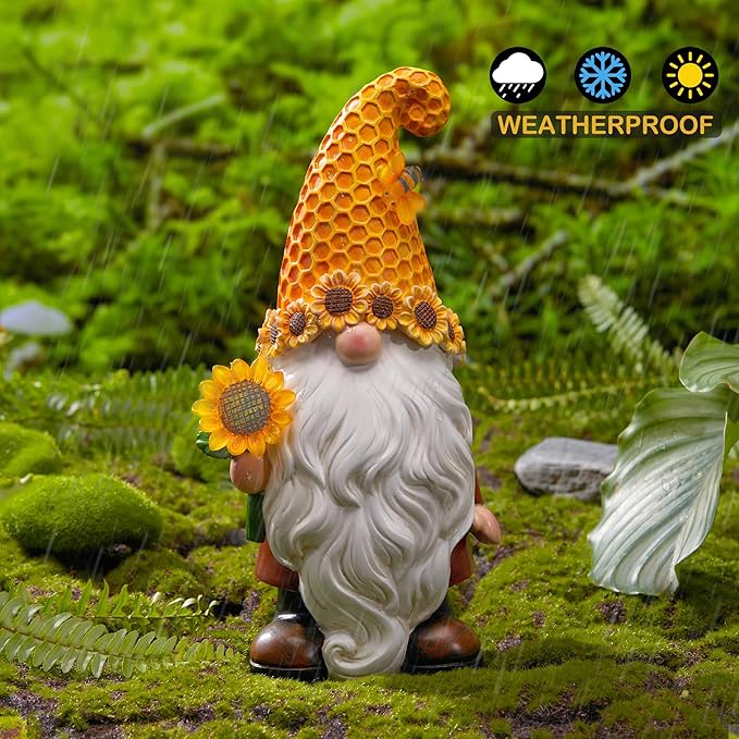 Garden Gnomes Outdoor - Sunflower Gnome Statue with Solar LED Lights for Yard, Patio, Lawn Ornaments - Best Garden Gifts for Mothers Day, Housewarming, Festival-VerdiqueGarden