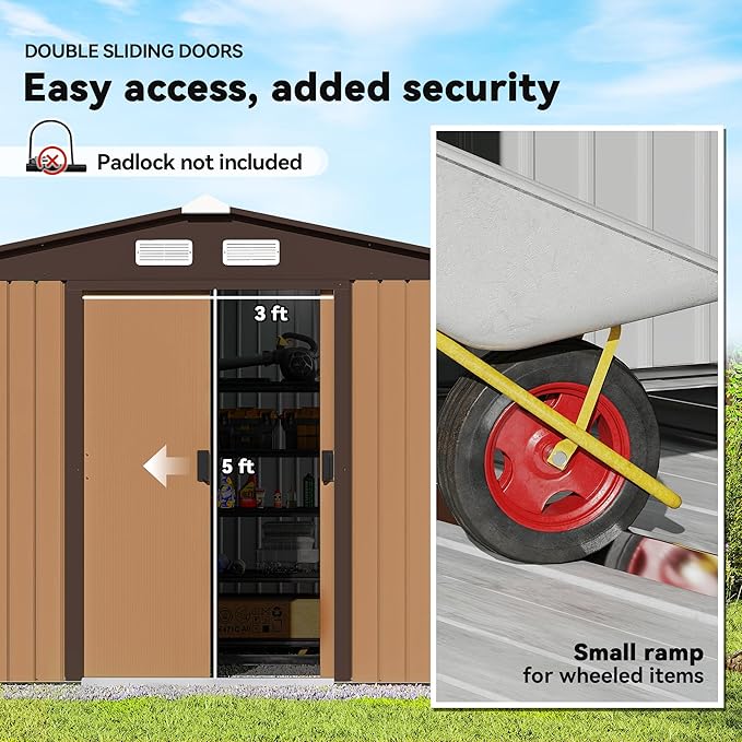 Outsunny 9' x 6' Outdoor Storage Shed, Garden Tool Metal Shed with Foundation Kit, Double Lockable Door, Air Vents and Sloping Roof, for Backyard, Patio, Lawn, Yellow-VerdiqueGarden