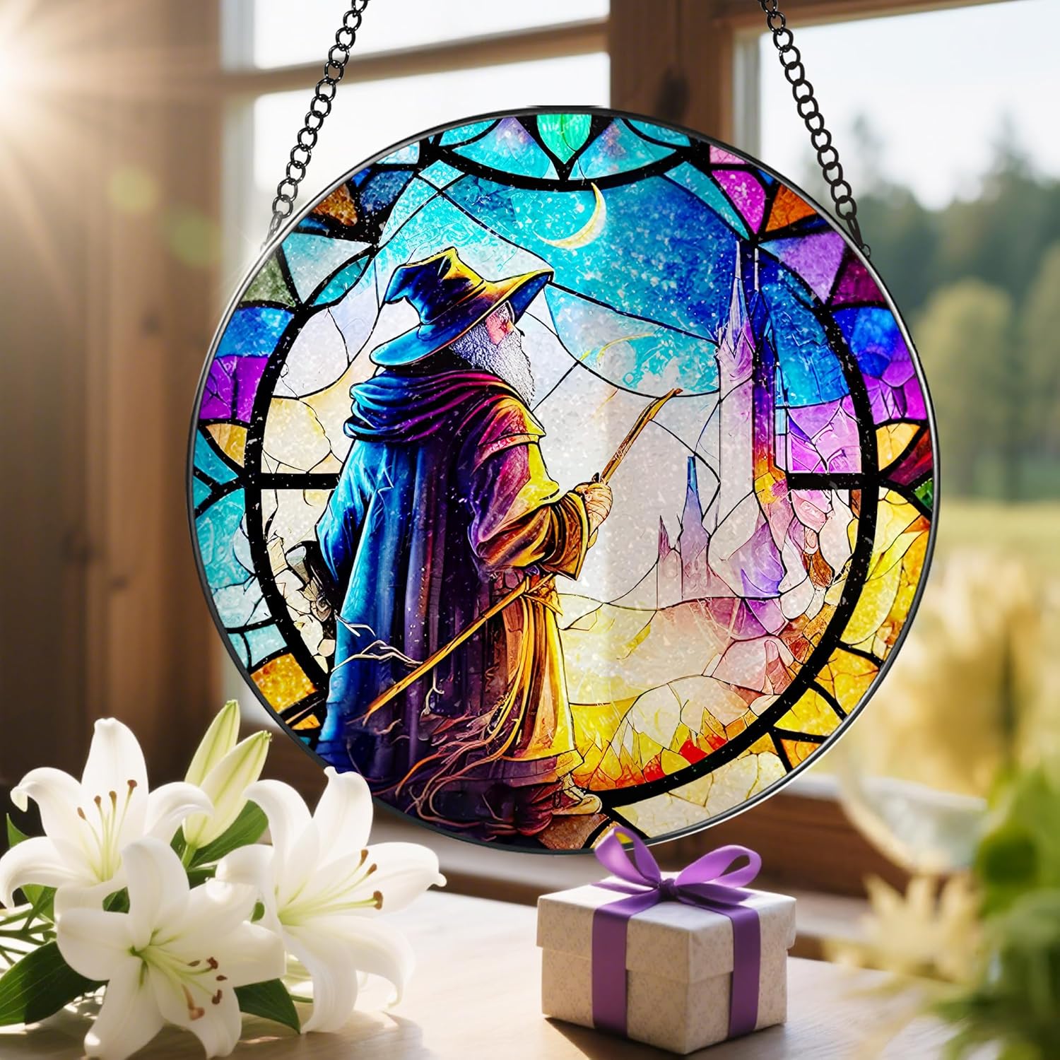 Stained Glass Window Hanging, LAOWEIKI 8'' Witch Suncatcher, Stained Glass Ornament, Suncatchers for Windows Hanging, Window Decor, Outdoor or Indoor, Gifts for Friends-VerdiqueGarden