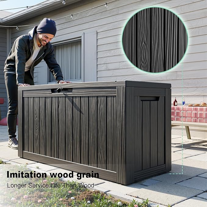 86 Gallon Outdoor Deck Box,Storage Lockable Waterproof Patio Furniture,Garden Tools,Cushions,Pool Accessories Outside Storage Resin Box(Black)-VerdiqueGarden