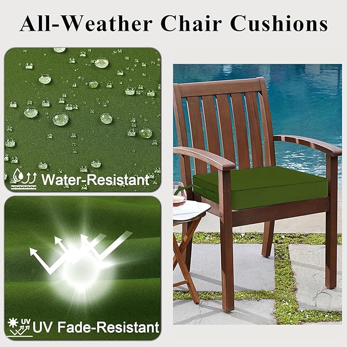 Outdoor Chair Cushions Set of 2 for Patio Furniture 22x22x4 Inch Waterproof Patio Chair Cushion 3 Year Color Fastness Square Elastic Foam Garden Couch Pads with Ties and Handle,Green-VerdiqueGarden