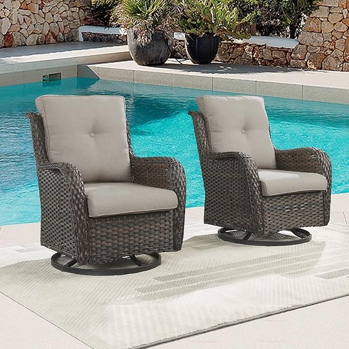 Outdoor Patio Swivel Rocker Chairs - Wicker Rattan Patio Swivel Rocking Chairs Set of 2 with High Back,Deep Seating and Comfort Cushions for Deck Porch Garden,rown/Grey-VerdiqueGarden