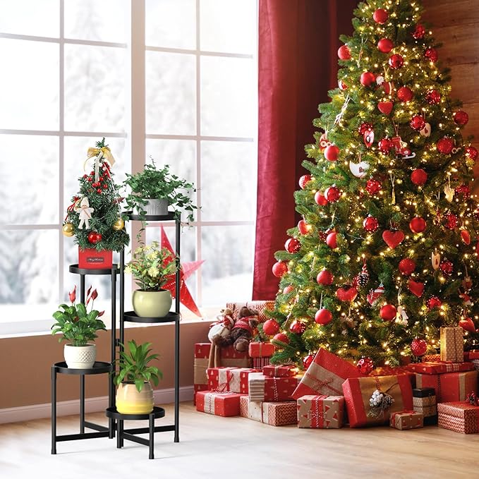 MOKANI Metal Plant Stand Indoor Outdoor for Multiple Plants, 5 Tiered Folding Corner Shelf Tall Flower Pot Holder Display Rack for Patio Living Room Balcony Garden, Black-VerdiqueGarden